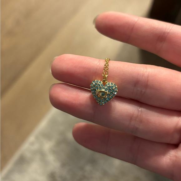 Coach Goldstone Blue Pave’Puffed Heart Signature C Necklace NIB - Picture 2 of 8